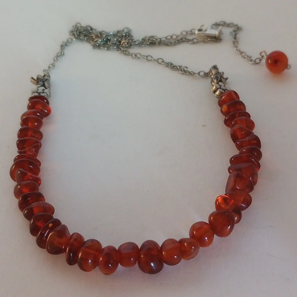 BALTIC AMBER NECKLACE 19 " LONG SILVER PLATED FLOWERS DRAGONFLY - Picture 2 of 6